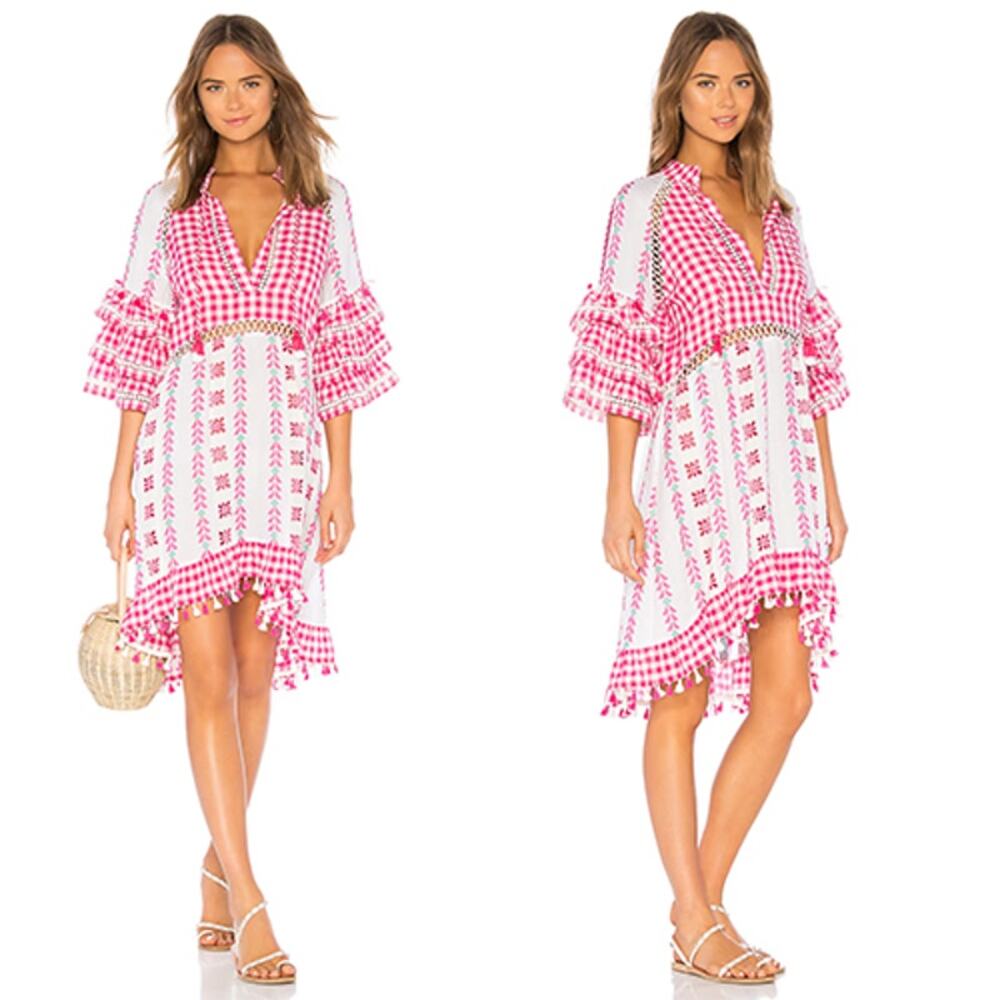 NWT Dodo Bar Or Eyelet Embroidered Tassel V-Neck Lola Mini Dress Fuchsia Pink
